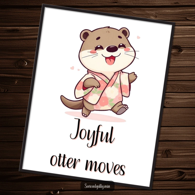 Funny poster of a playful cartoon otter in a floral kimono, joyfully doing a little shuffle with a happy expression.