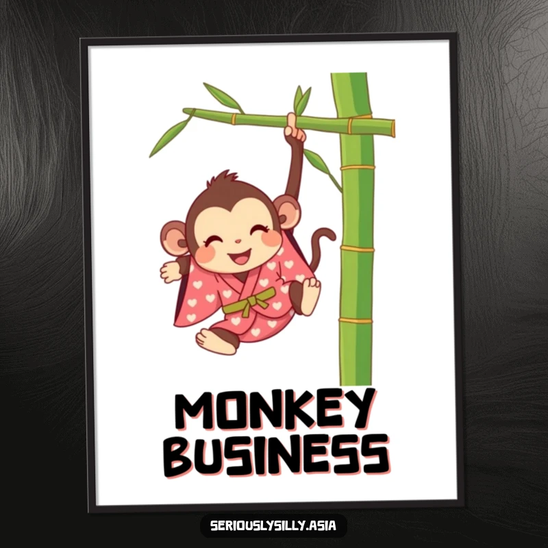 Funny poster of a happy cartoon monkey in a bright kimono, swinging energetically from a bamboo stalk.