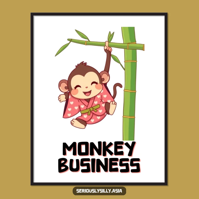Funny Monkey Poster: Happy Cartoon in Kimono Swinging, Vibrant Wall Art Gift