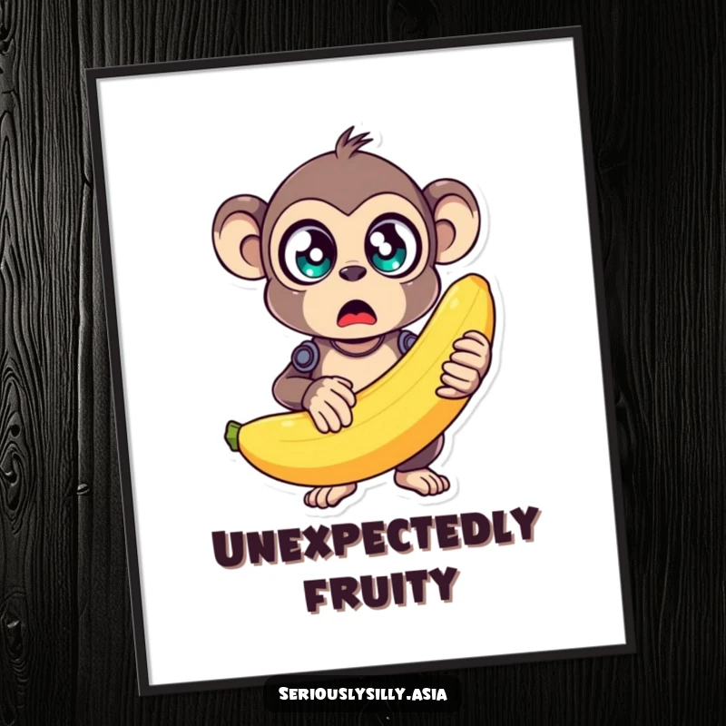 Funny Poster of a surprised monkey bot with huge eyes, holding a comically large, unstable banana, a delightful wall decoration.