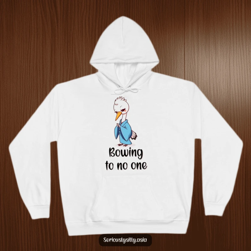 Funny hoodie with a cheerful cartoon crane wearing a blue kimono, gracefully bowing in a peaceful manner.