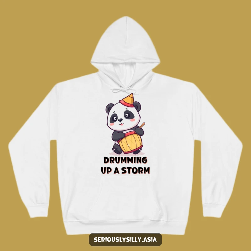 Funny Panda Hoodie: Cozy Cartoon Drummer in Conical Hat, Ideal Humorous Gift
