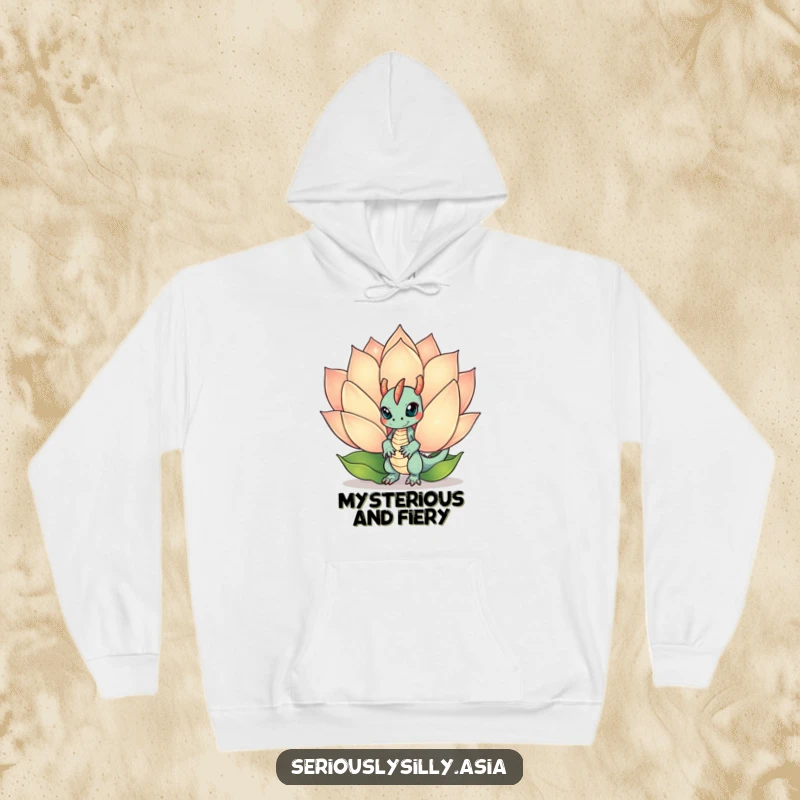 Funny Hoodie depicting a mischievous dragon bot peeking from behind a sparkling lotus flower, mystical and warm.