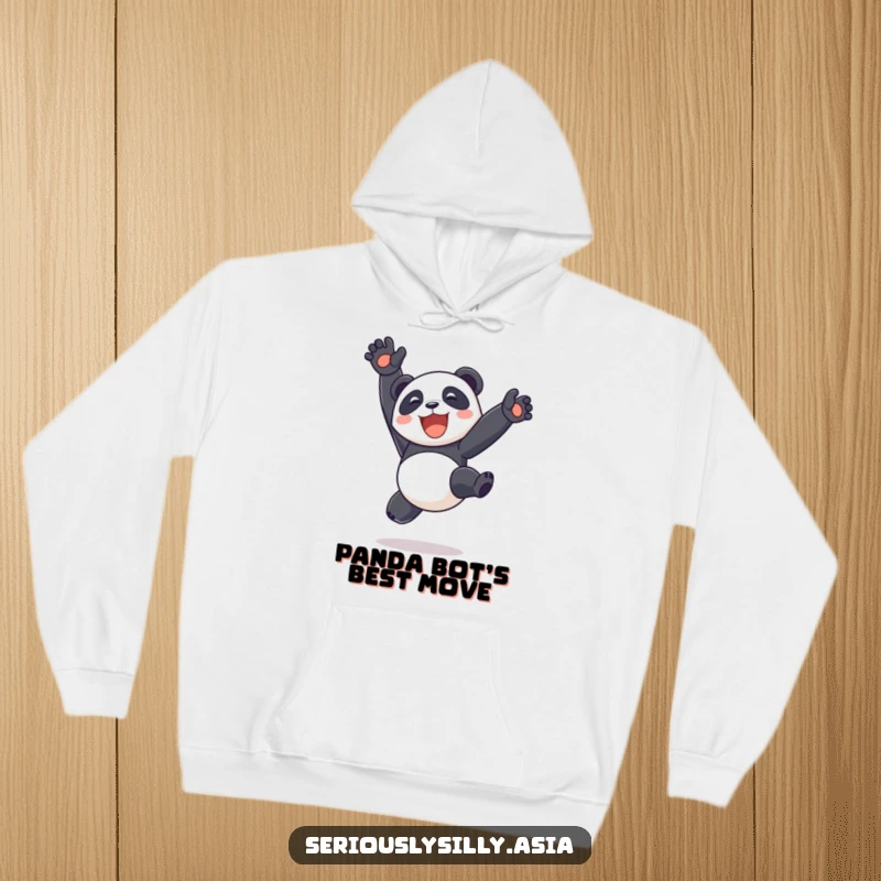 Funny delighted panda bot performing a bouncy somersault with legs in the air on a soft hoodie, bringing cheerful robotic humor.