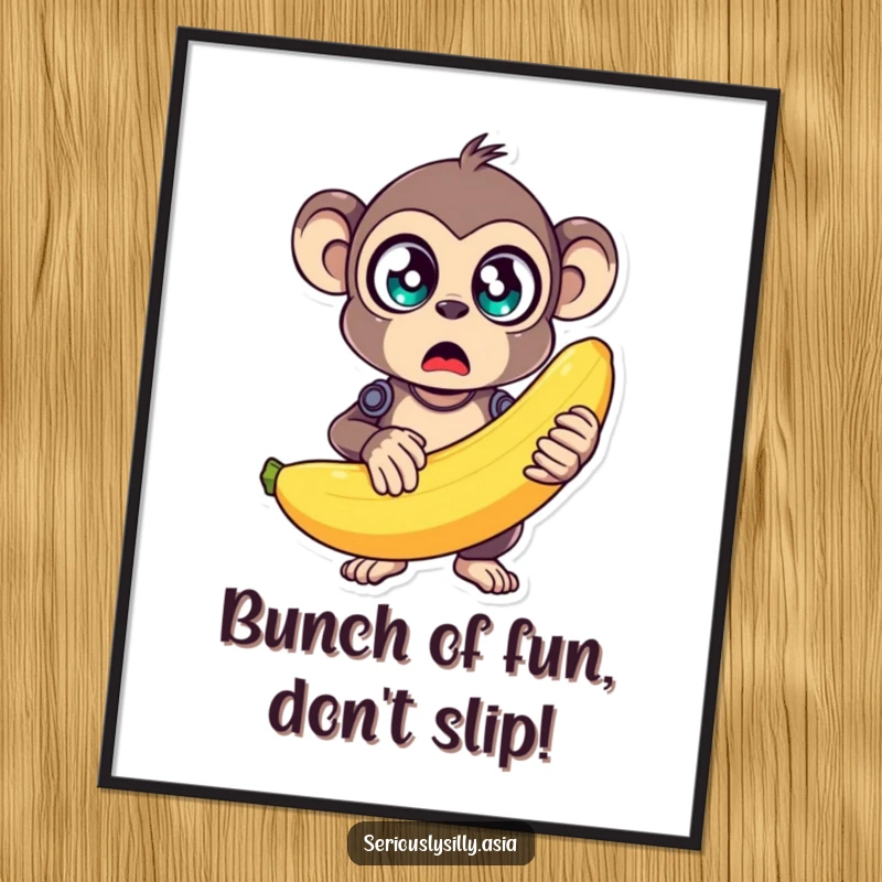 Funny Free Printable Wall Art: A surprised monkey bot holds a massive, wobbly banana, exuding quirky charm.