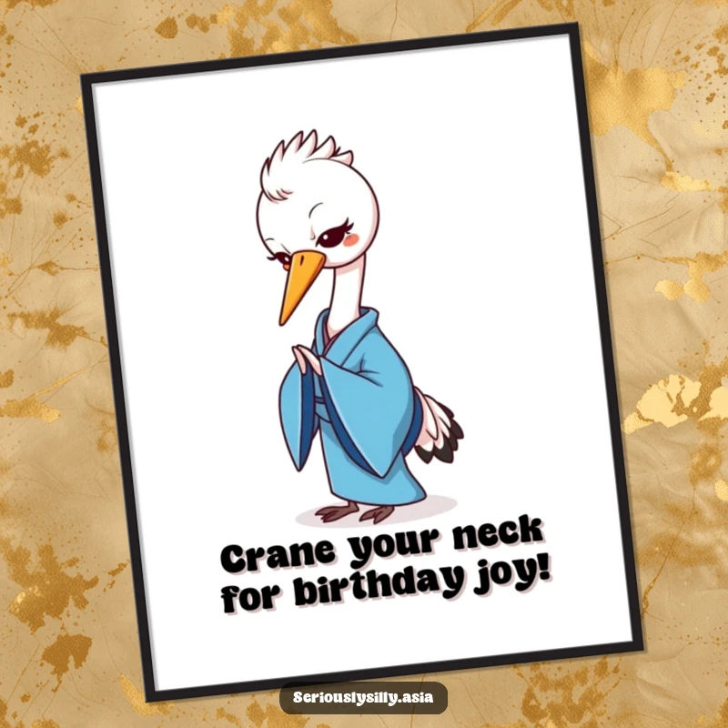 Funny Free Printable wall art of a cheerful cartoon crane in a blue kimono performing a graceful bow.