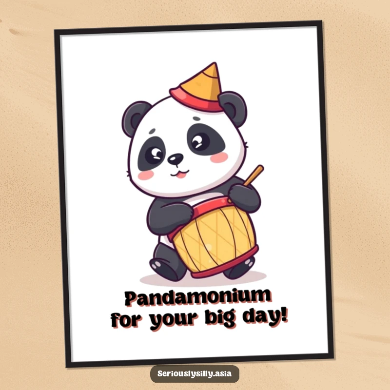 Funny Free Printable wall art featuring a cute cartoon panda wearing a party hat, energetically playing a drum.