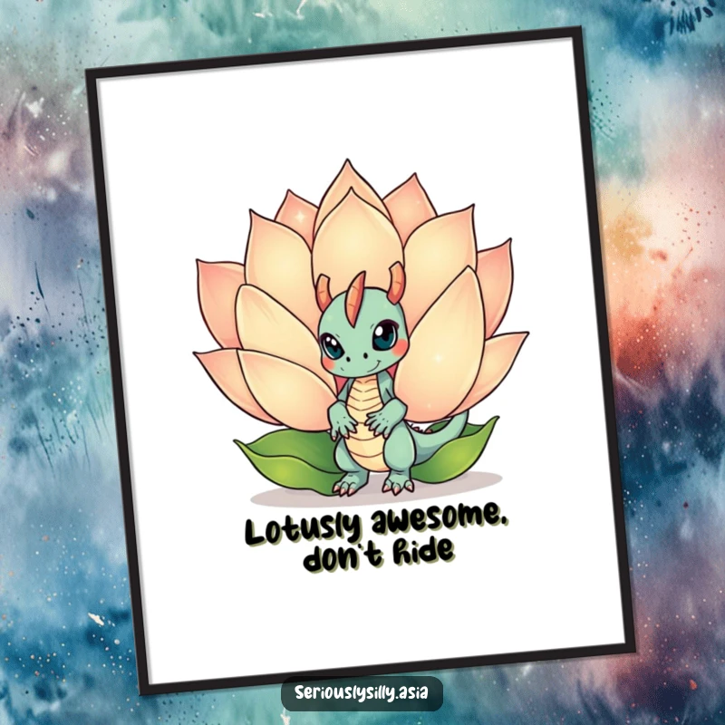 Funny Free Printable Wall Art: Mischievous dragon bot playfully peeks from behind a large, radiant lotus flower.