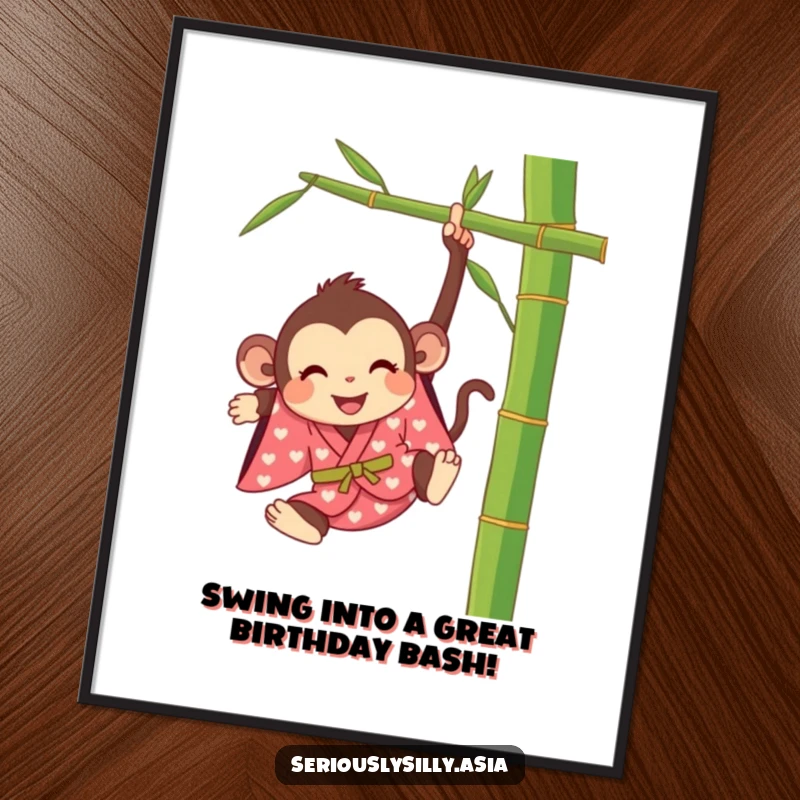 Funny Free Printable wall art of a happy cartoon monkey in a vibrant kimono swinging from a bamboo stalk.