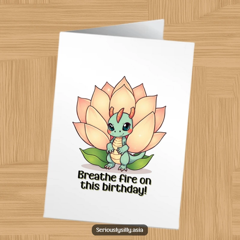 Funny Free Printable Birthday Card: Mischievous dragon bot peeks playfully from behind a giant, sparkling lotus flower.