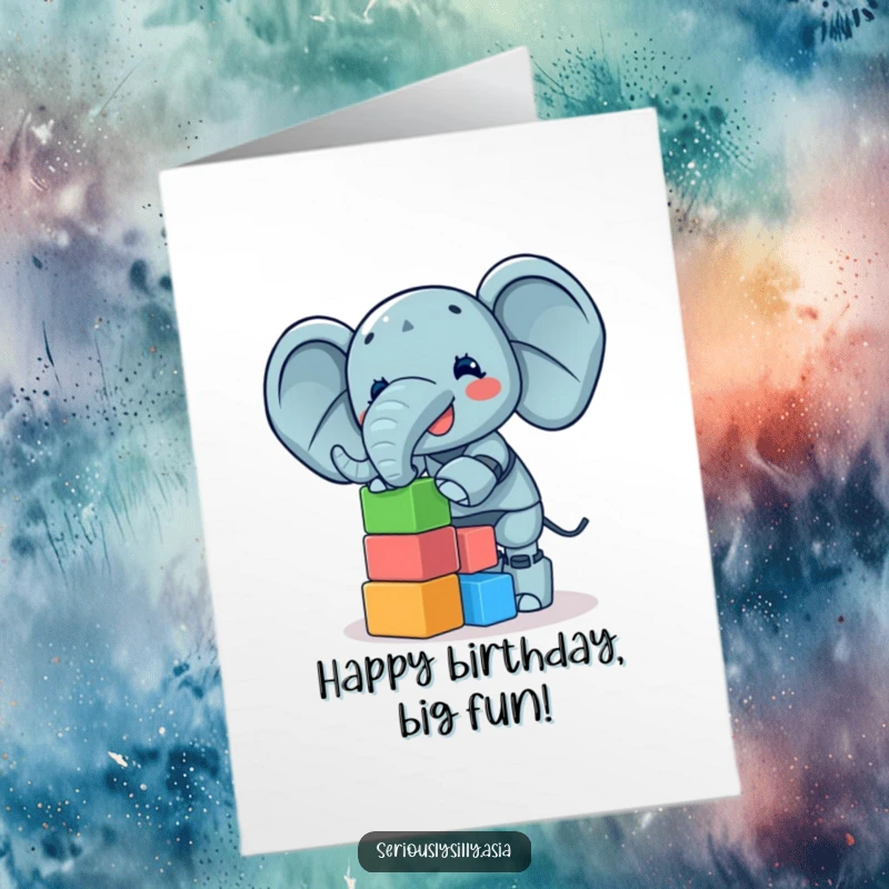 Funny Free Printable Birthday Card: Giggling elephant bot precariously balances a tall tower of colorful blocks.