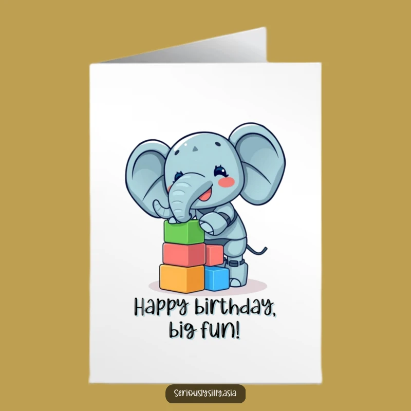 Free Printable Funny Elephant Bot Birthday Card: Block Balancing Birthday Downloadable Greeting