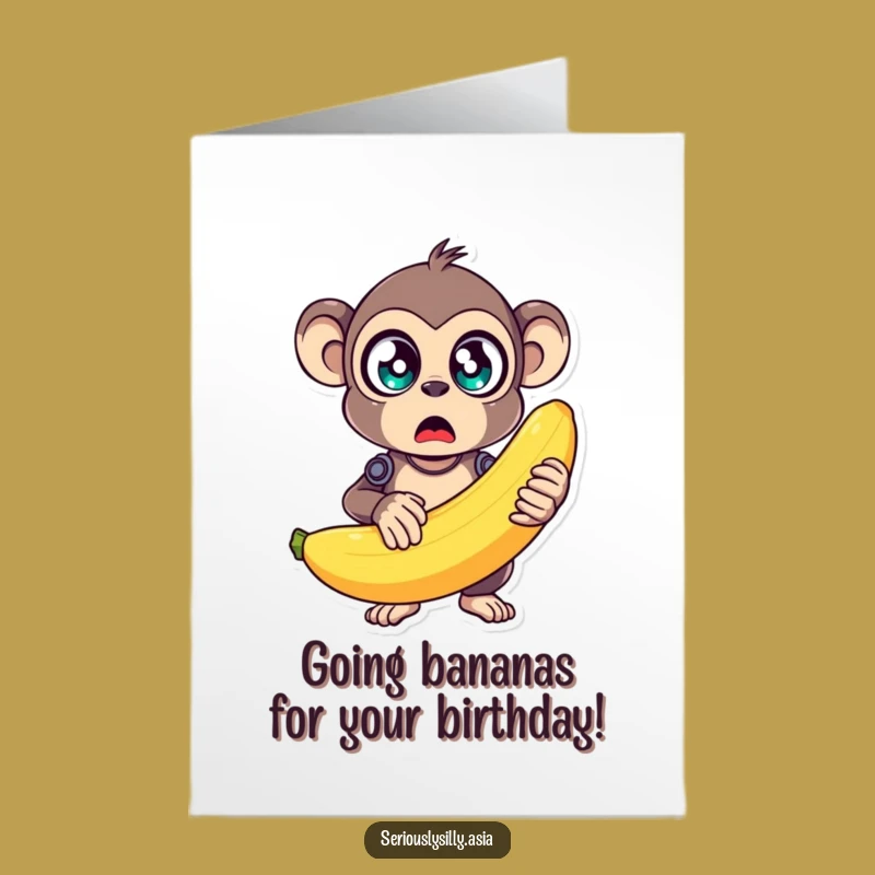 Free Printable Funny Monkey Bot Birthday Card: Wobbly Banana Surprise Downloadable Greeting