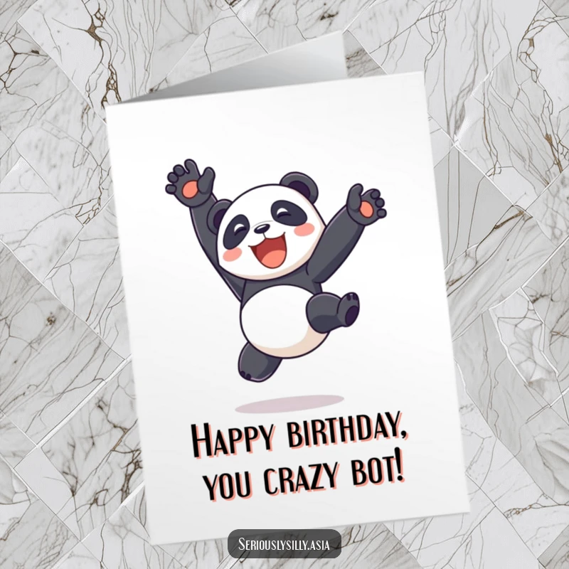 Funny Free Printable Birthday Card: Delighted Panda Bot Doing Somersault with Legs Up