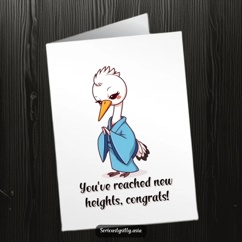 Funny Free Printable congratulations card showing a cheerful cartoon crane in a blue kimono making an elegant bow.
