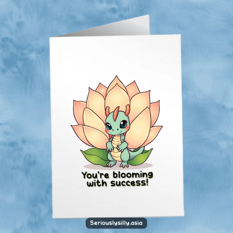 Funny Free Printable Congrats Card: Mischievous dragon bot reveals itself from behind a large, shimmering lotus.