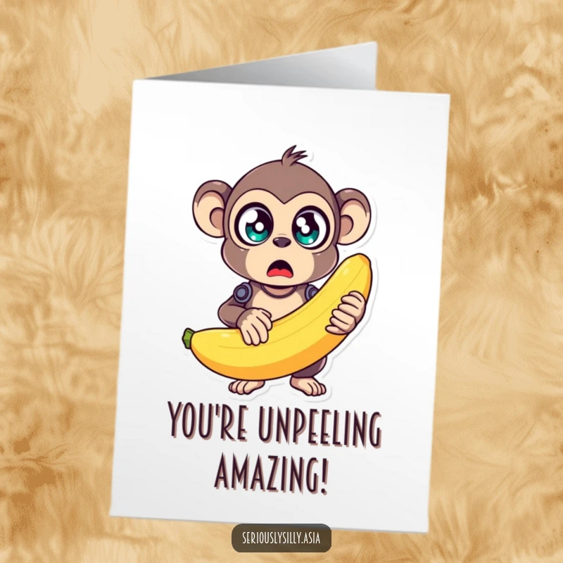 Funny Free Printable Congrats Card: A surprised monkey bot presents a giant, wobbly banana in celebration.