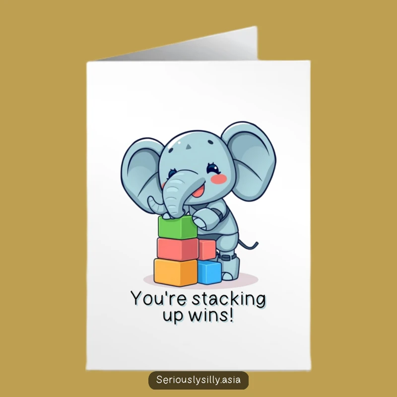 Free Printable Elephant Bot Congrats Card: Block Balancing Achievement Downloadable Greeting