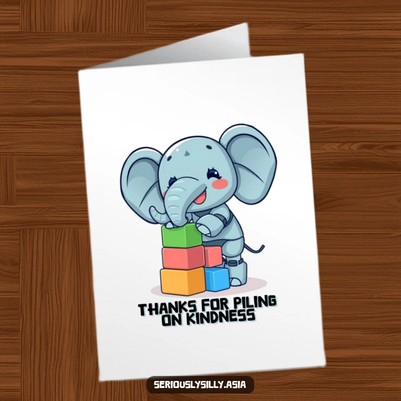 Funny Free Printable Thank You Card: Giggling elephant bot balances colorful blocks, a charming thank you gesture.