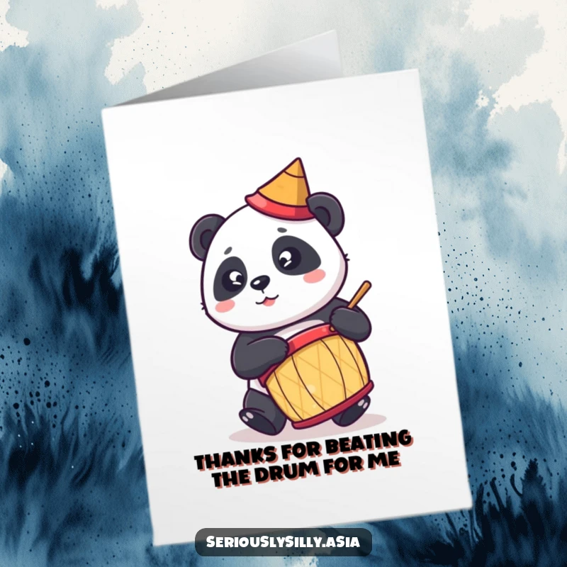 Funny Free Printable thank you card with a cheerful cartoon panda enthusiastically playing a drum.