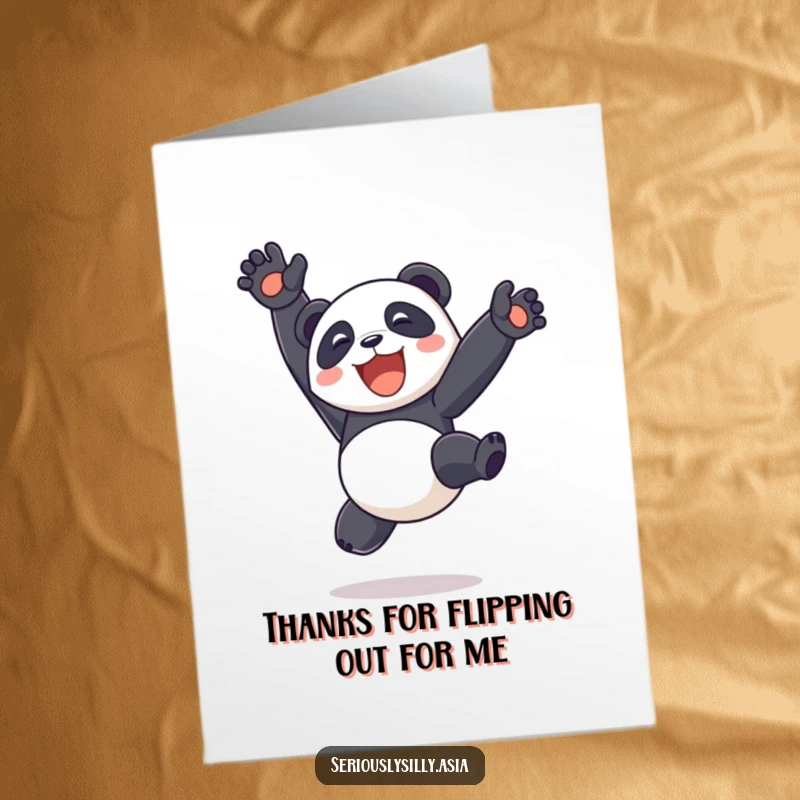 Funny Free Printable Thank You Card: Panda Bot Doing Somersault with Legs in Air - Cheerful Gratitude