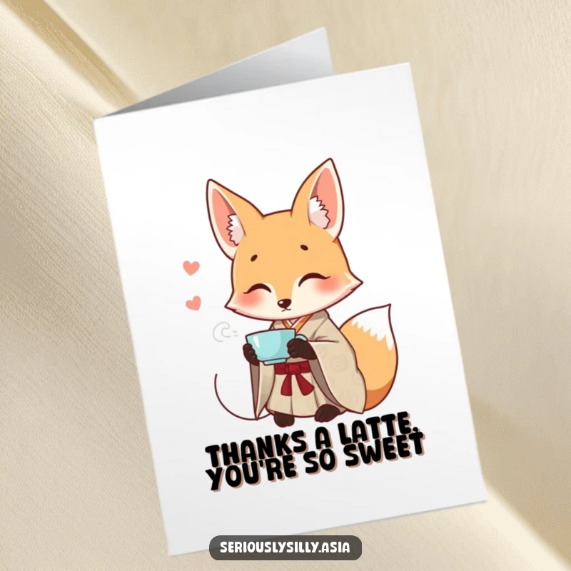 Funny Free Printable thank you card featuring a smiling cartoon fox in a kimono gracefully sipping tea.
