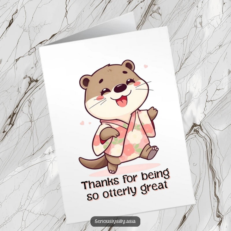 Funny Free Printable thank you card with a playful cartoon otter in a floral kimono doing a happy shuffle.