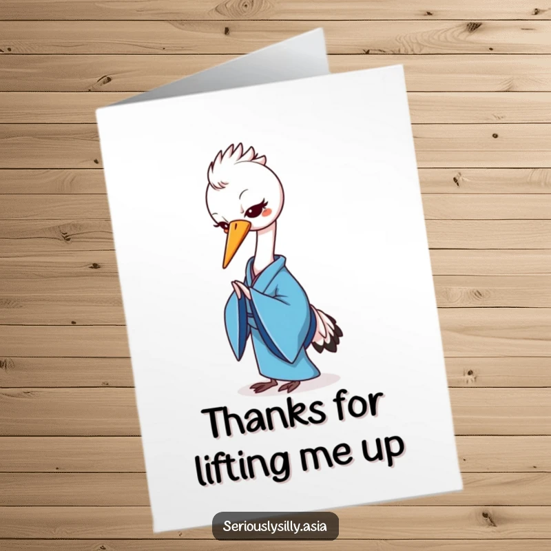 Funny Free Printable thank you card with a cheerful cartoon crane in a blue kimono gracefully bowing.
