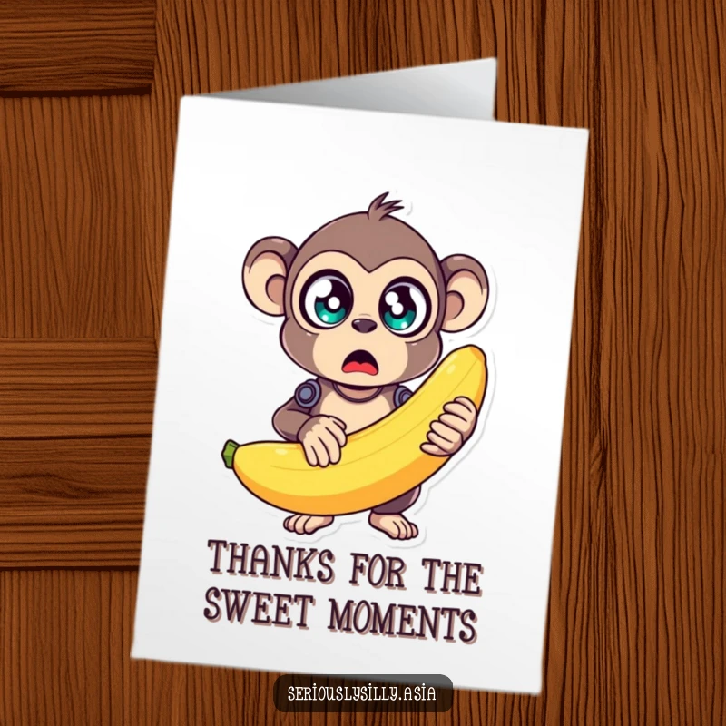 Funny Free Printable Thank You Card: Surprised monkey bot offers a giant, wobbly banana as a token of thanks.