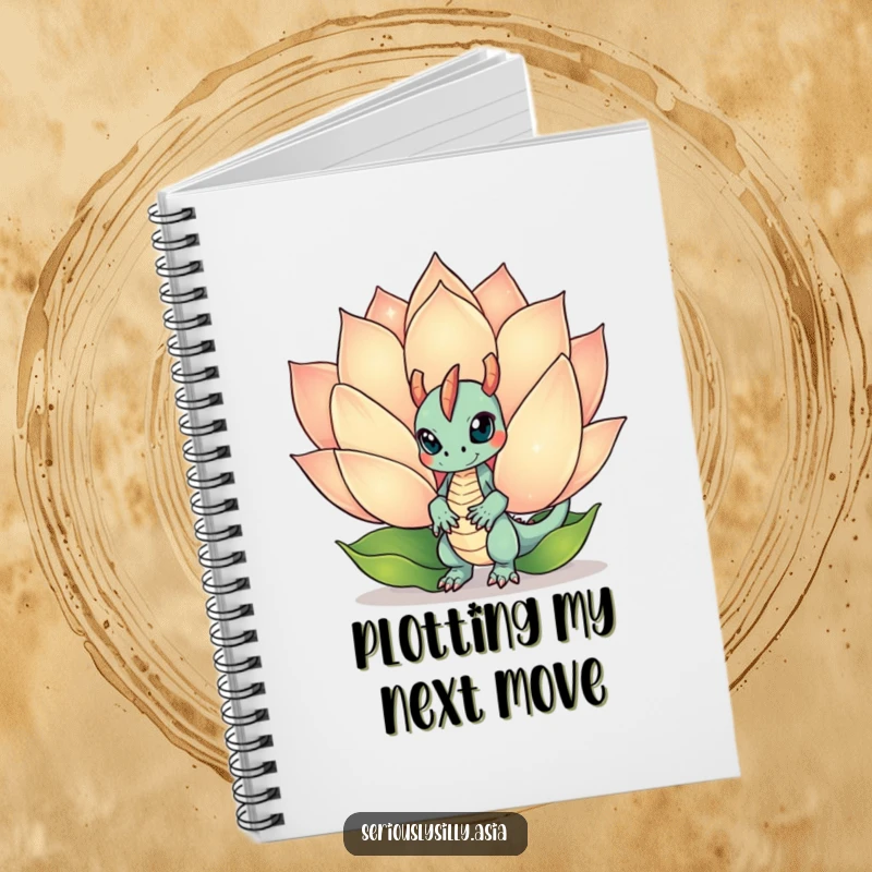 Funny Notebook with a mischievous dragon bot peeking from behind a lotus flower, perfect for jotting down magical thoughts.