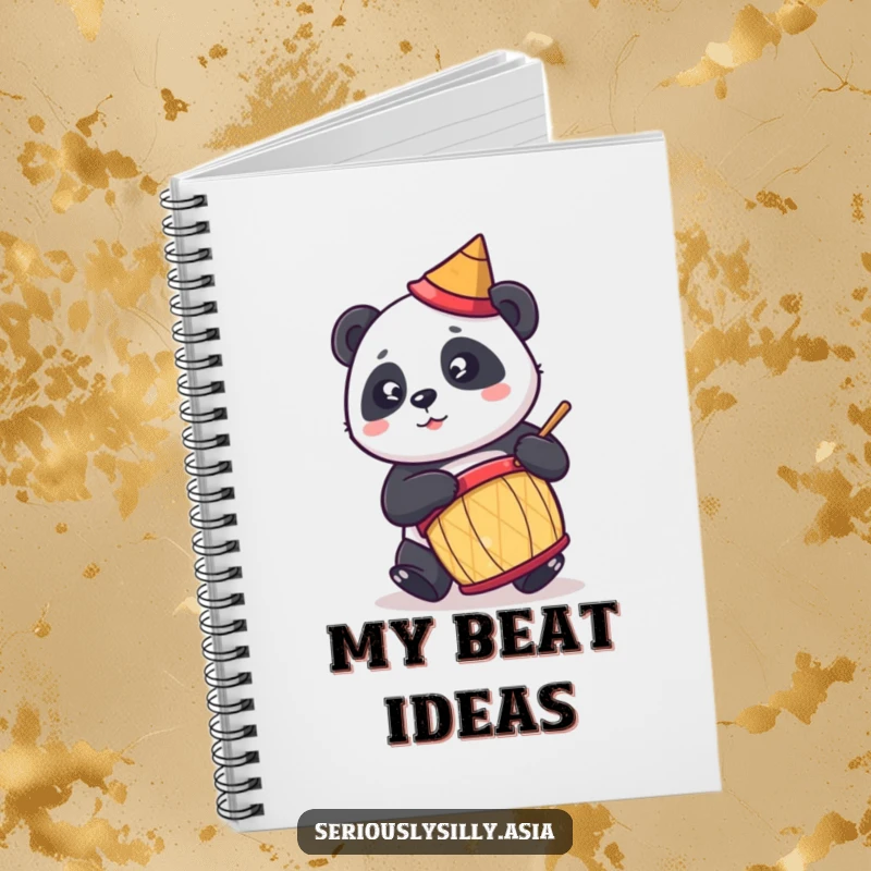 Funny notebook with a cute cartoon panda in a tiny conical hat, enthusiastically playing a drum, ready for notes.
