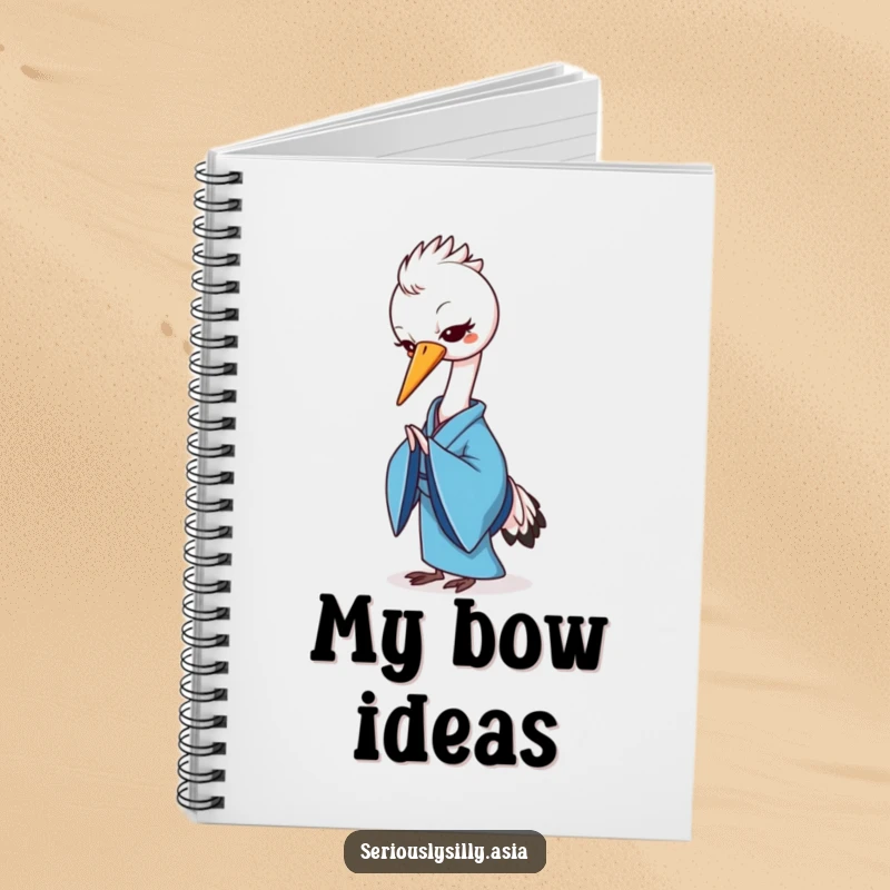 Funny notebook featuring a cheerful cartoon crane in a blue kimono, gracefully bowing, ready for notes.