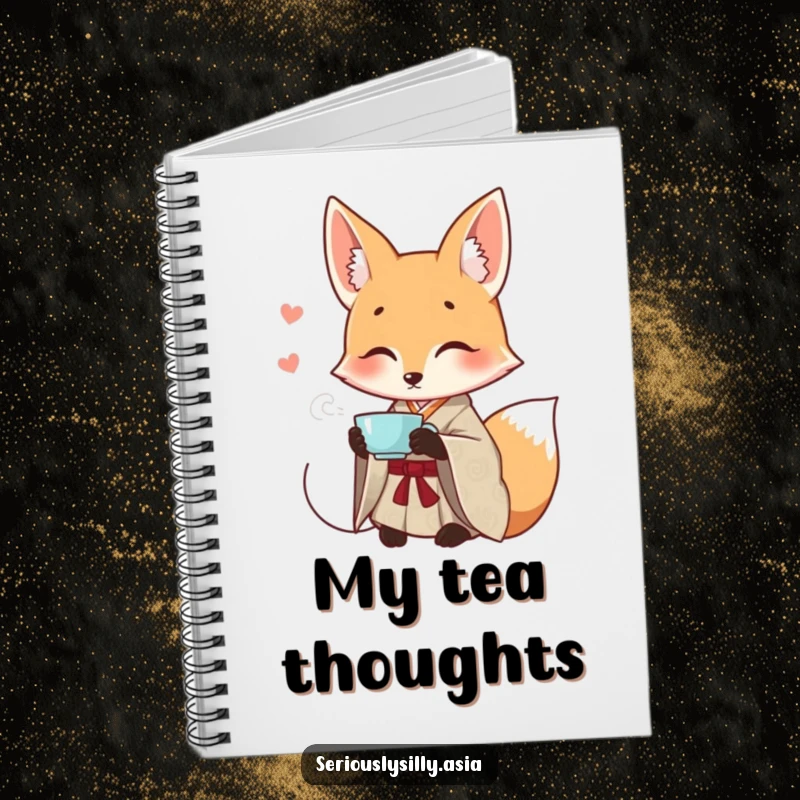 Funny notebook featuring a smiling cartoon fox in a patterned kimono, elegantly sipping tea, ready for notes.