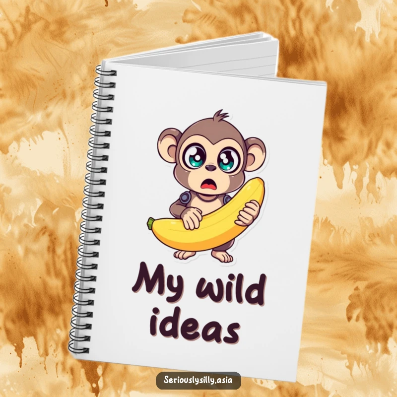 Funny Notebook with a surprised monkey bot holding a giant, wobbly banana, perfect for jotting down funny thoughts.