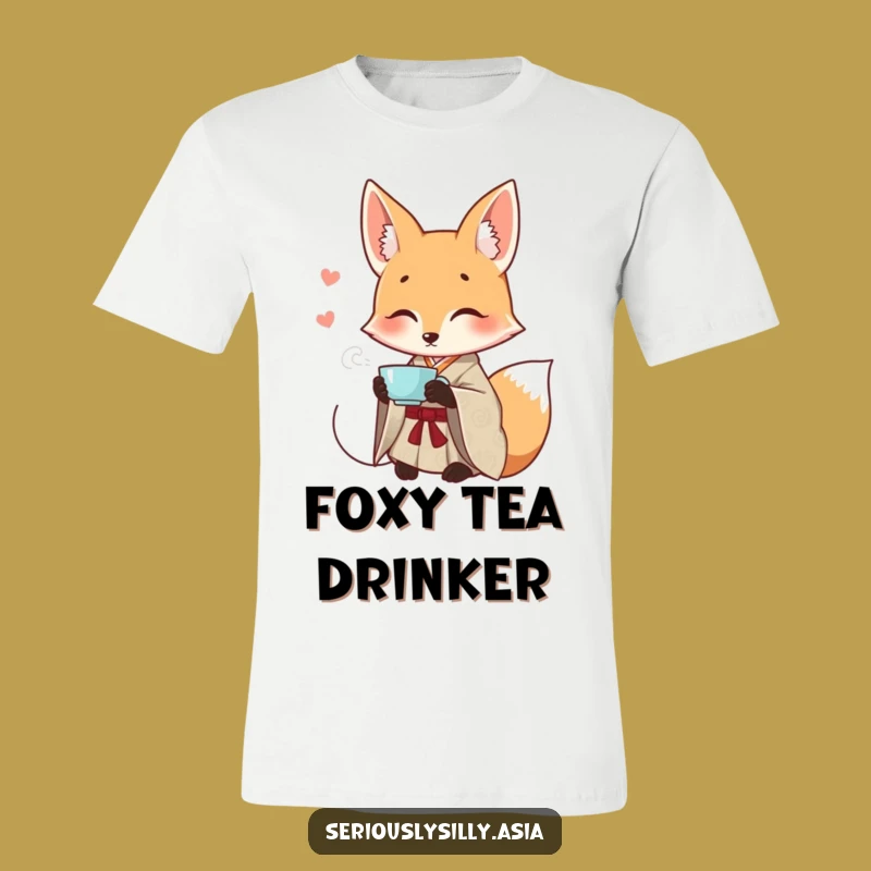 Funny Fox T-Shirt: Smiling Cartoon in Kimono Sipping Tea, Ideal Humorous Gift