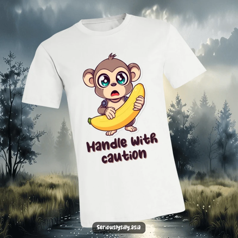 Funny T-Shirt of a surprised monkey bot with wide eyes clutching a huge, unstable banana, a comical wearable.