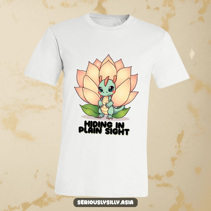 Funny T-Shirt featuring a mischievous dragon bot peeking out from behind a giant, sparkling lotus flower, a magical print.