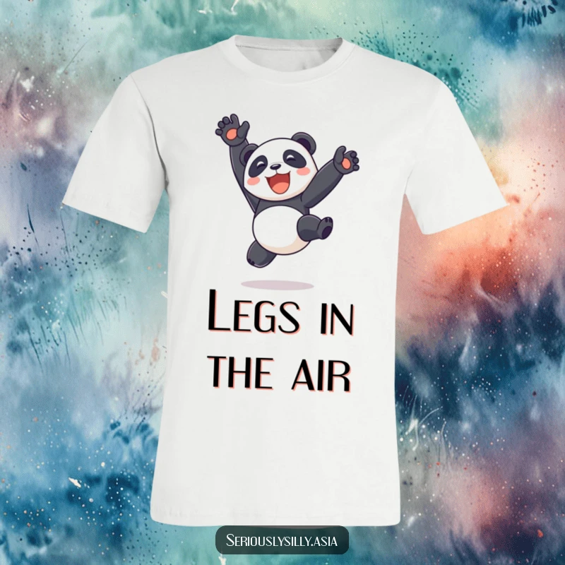 Funny delighted panda bot doing a bouncy somersault with legs up in the air, printed on a t-shirt, showcasing energetic cartoon fun.