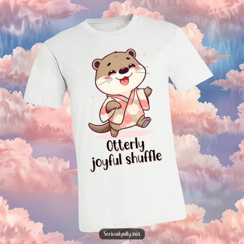 Funny t-shirt featuring a playful cartoon otter dressed in a floral kimono, doing a joyful little shuffle.