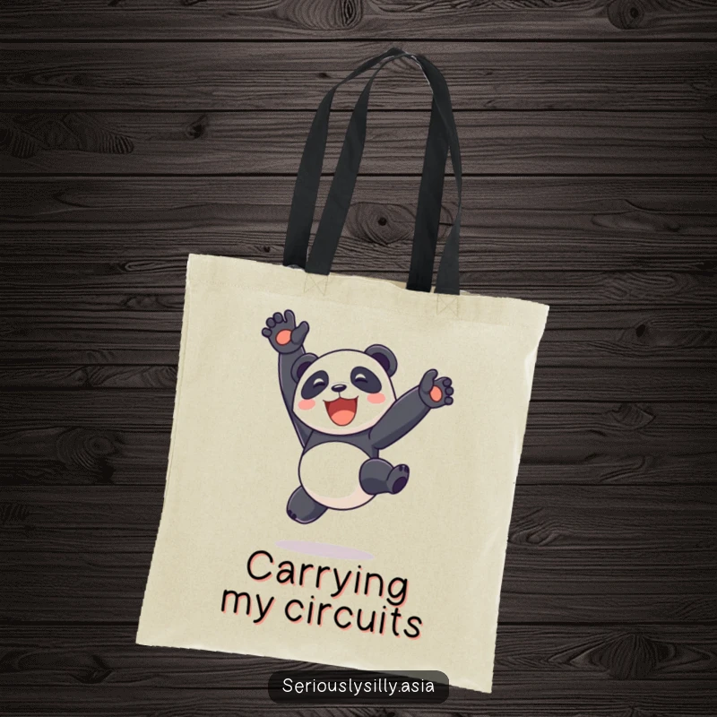 Funny delighted panda bot performing a somersault with legs up in the air on a tote bag, perfect for carrying essentials humorously.