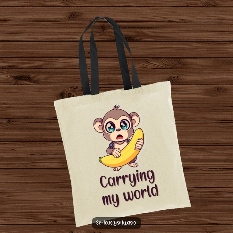 Funny Tote Bag showcasing a wide-eyed monkey bot looking shocked with a giant, jiggly banana, a witty accessory.