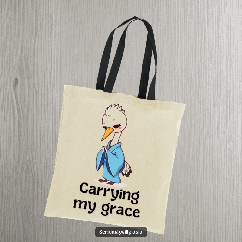 Funny tote bag featuring a cheerful cartoon crane in a blue kimono, gracefully bowing with peaceful intent.