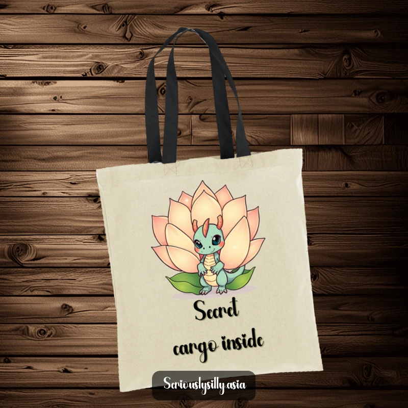 Funny Tote Bag showcasing a mischievous dragon bot peeking from behind a large, sparkling lotus flower, a mystical accessory.