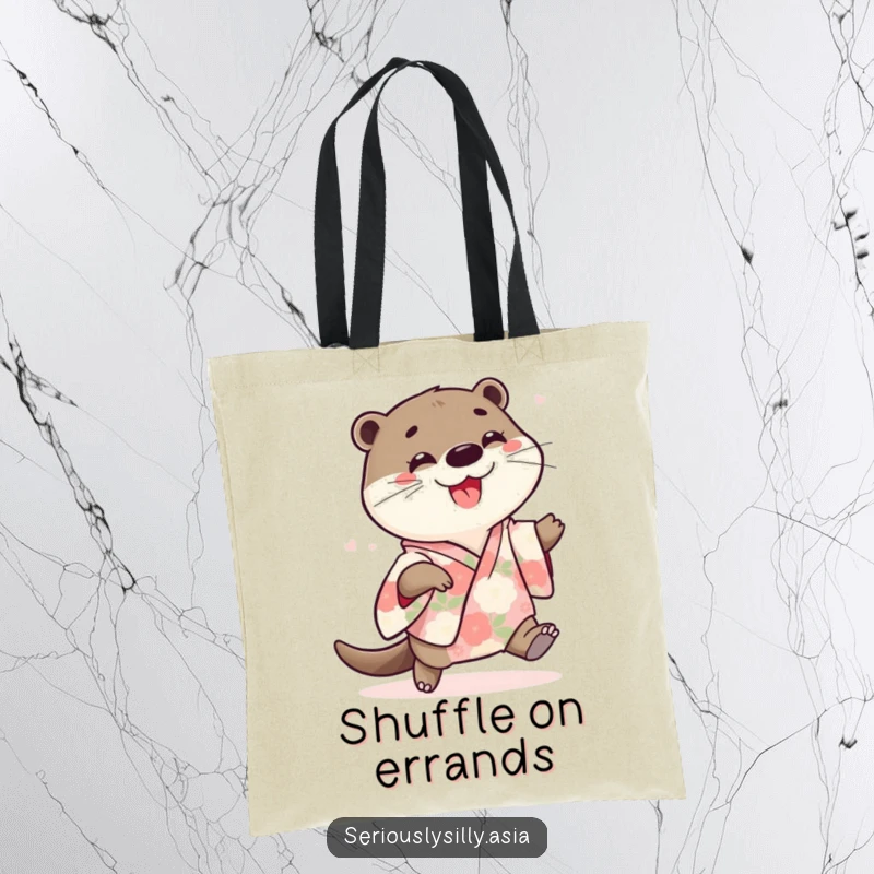 Funny tote bag featuring a playful cartoon otter in a floral kimono, joyfully doing a little shuffle.